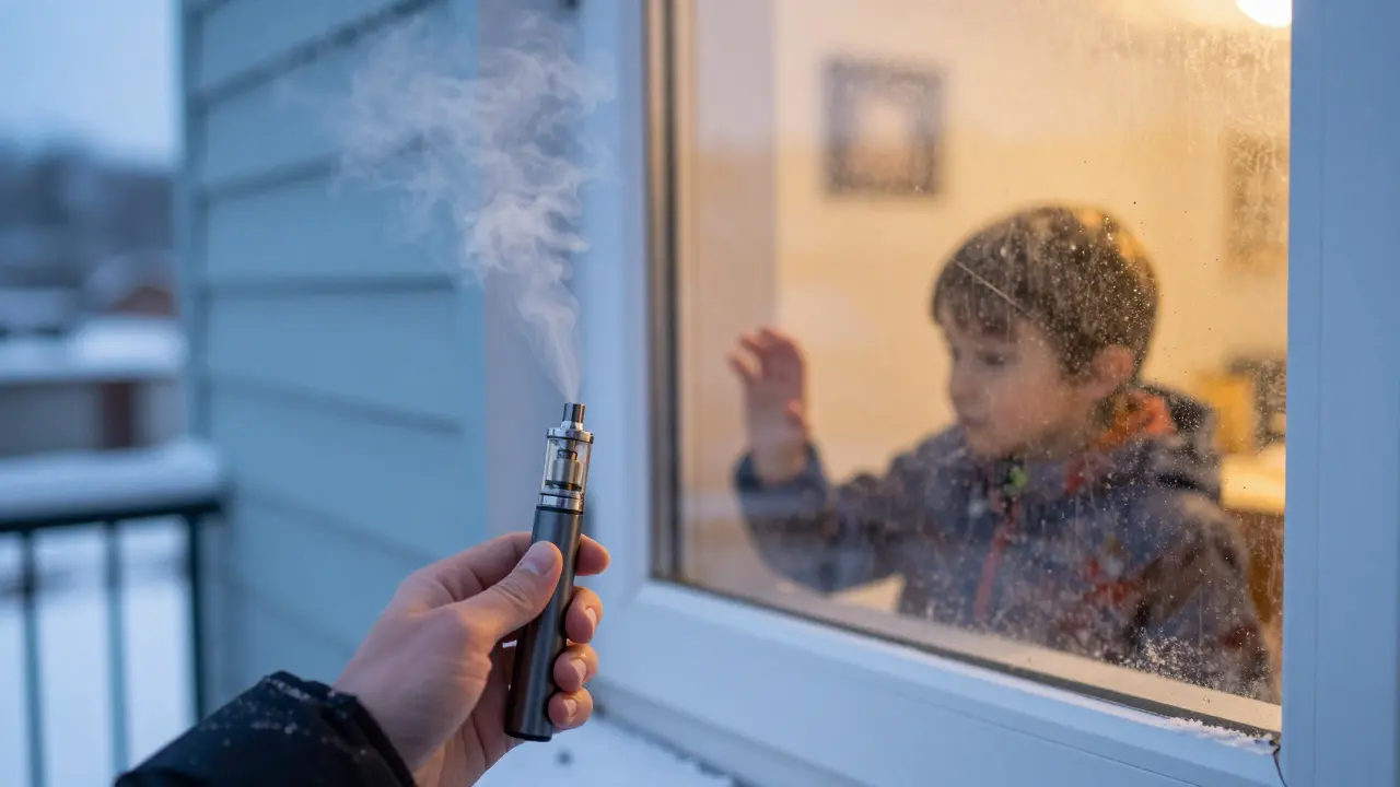 Ruka vypařuje THC venku na balkoně, uvnitř domu se dítě dotýká znečištěného okna.