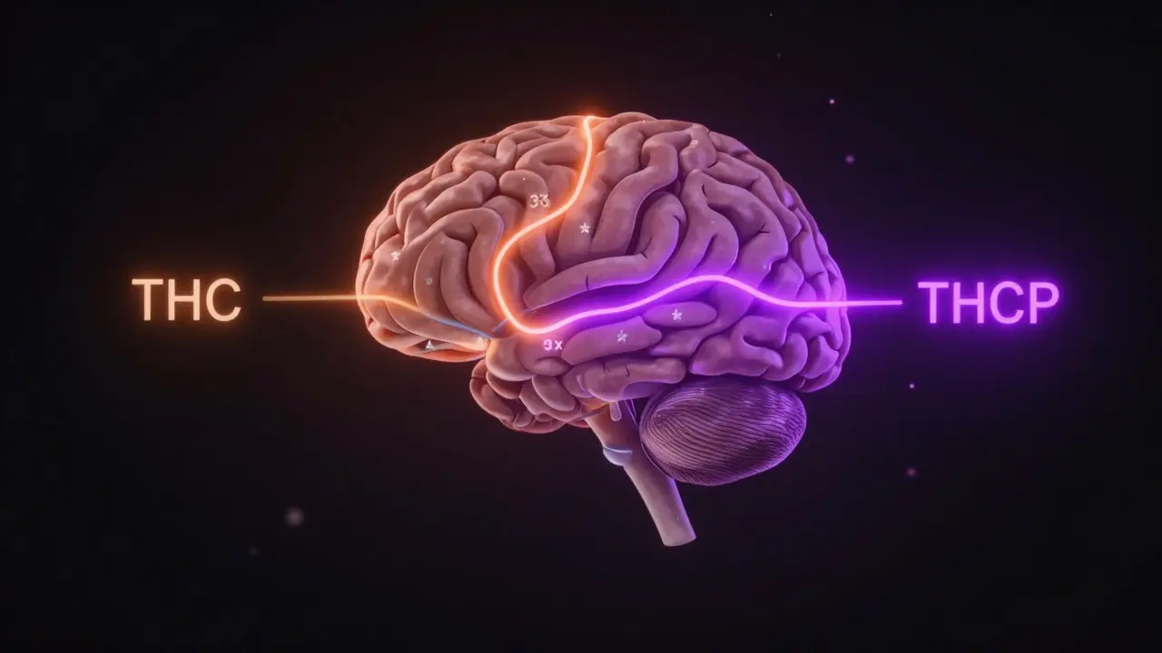 Schematický obraz mozku s dvěma světelnými cestami: THC a silnější THCP, která je 33krát delší.