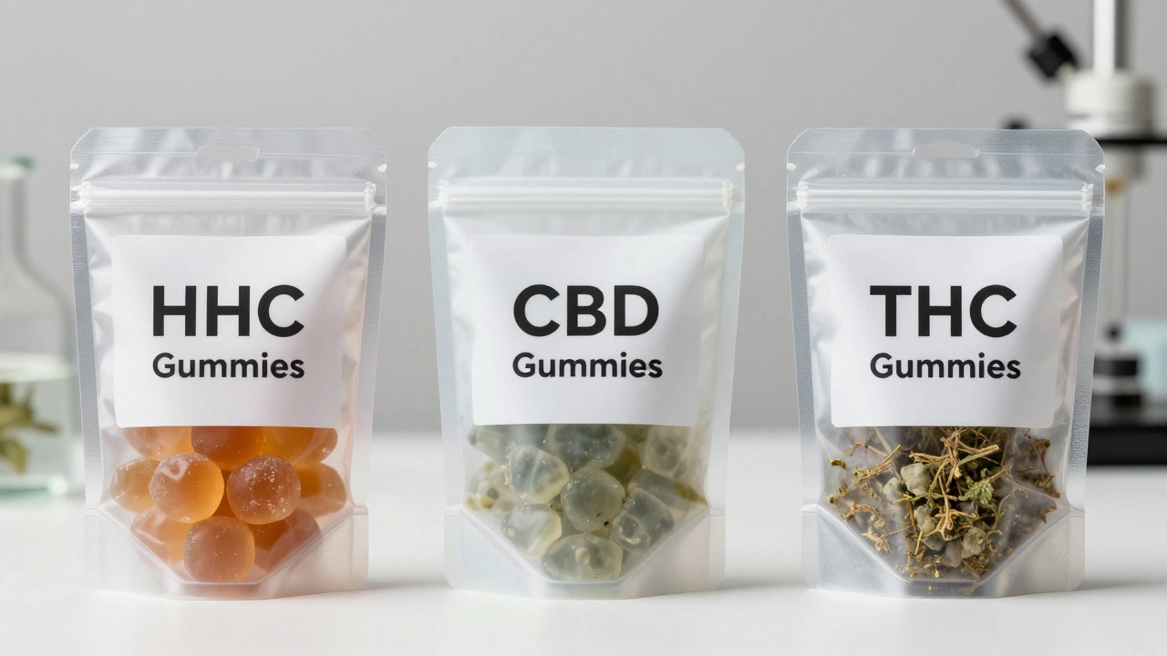 Srovnání balení HHC, CBD a THC gumiček s viditelnými rozdíly v obsahu.