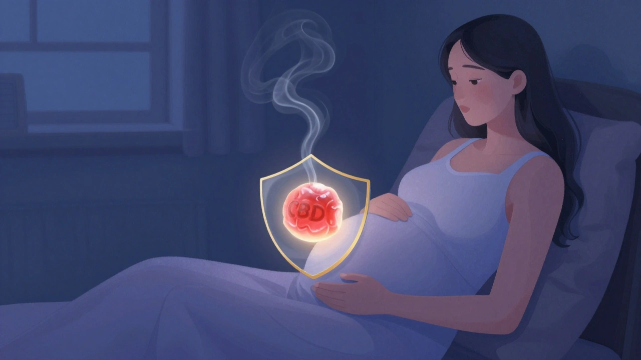 Těhotná žena v klidné místnosti, CBD gummy nad břichem s ochrannou bariérou.