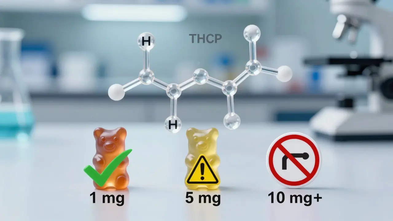 Tři gumičky s různými dávkami THCP na laboratorním stole s molekulární strukturou.