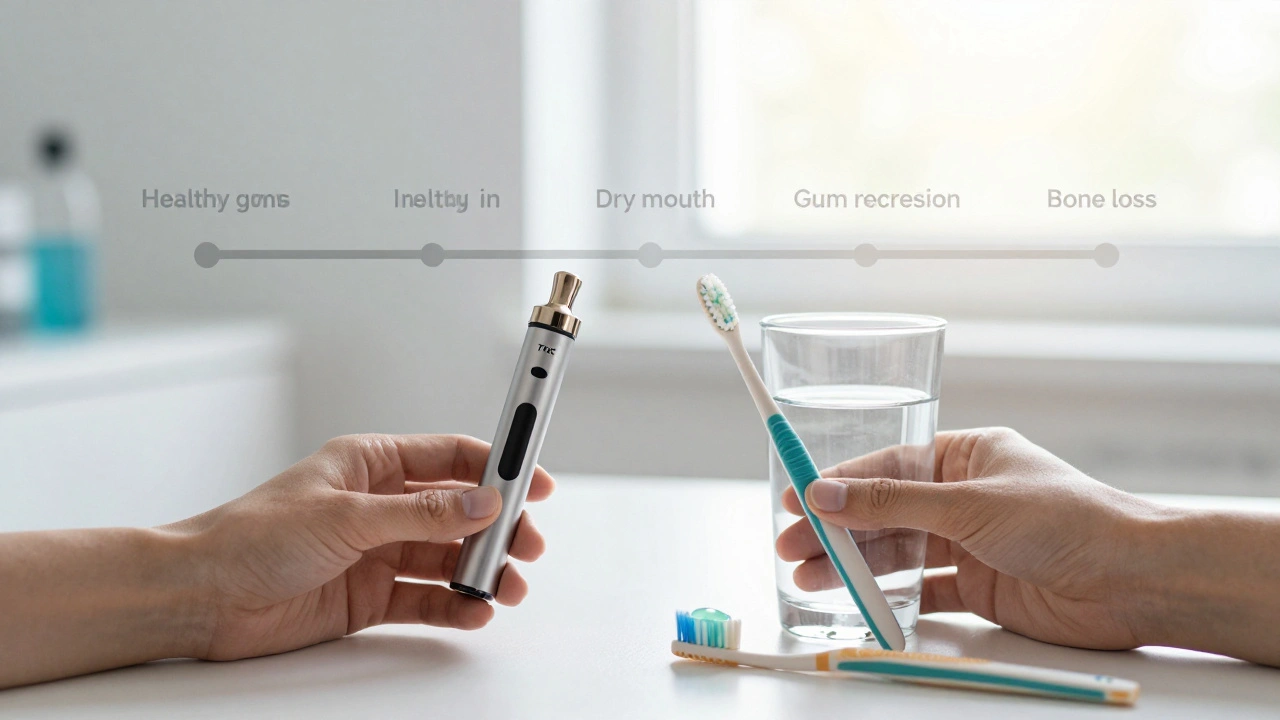 Vaporizer, toothbrush, and water beside a subtle visual timeline of oral damage.