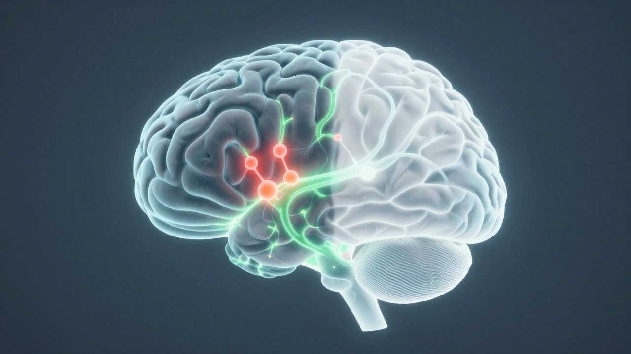 Vnitřní pohled do mozku s čistými a znečištěnými neurologickými cestami.
