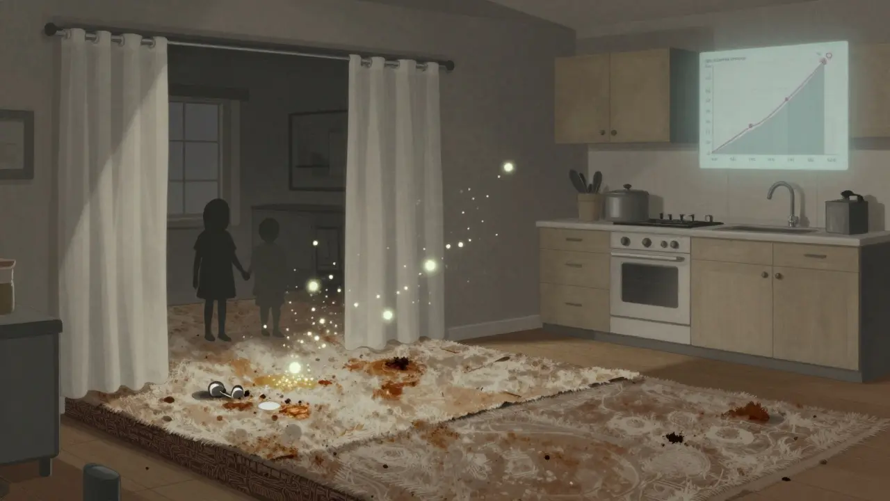 Vnitřní pohled na dům s neviditelnými chemickými reziduii se usazujícími na površích a grafem zvýšeného zánětu.