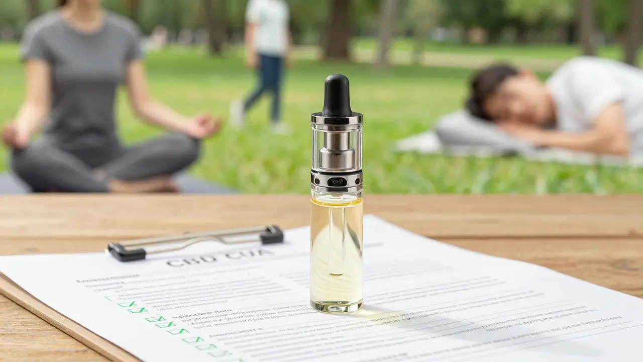 Čistý CBD vape vedle laboratorního výsledku a klidných aktivit.