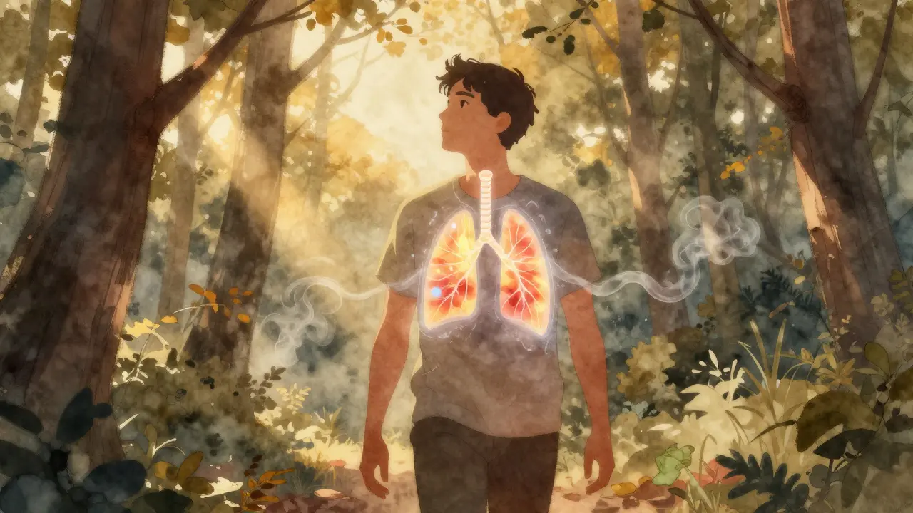 Člověk dýchá hluboce v lese, zářící energie obnovuje plicní tkáň