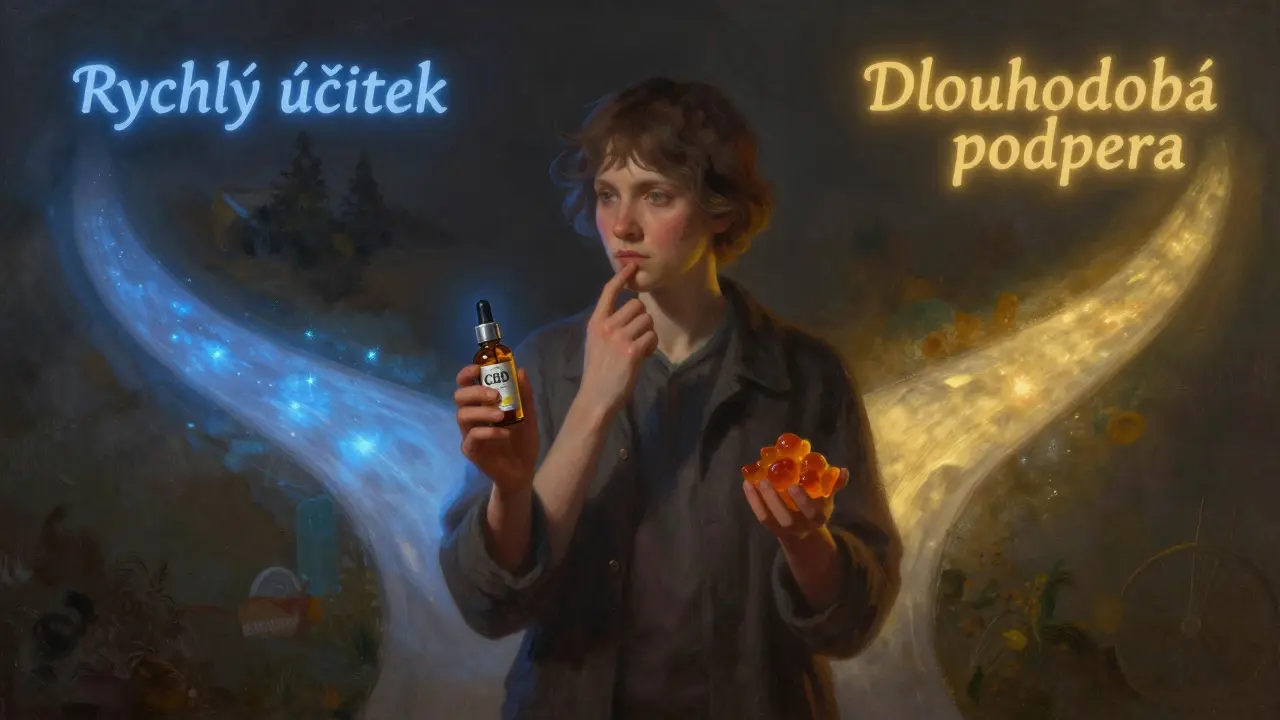 Člověk stojí na křižovatce mezi rychlým a dlouhodobým účinkem CBD.