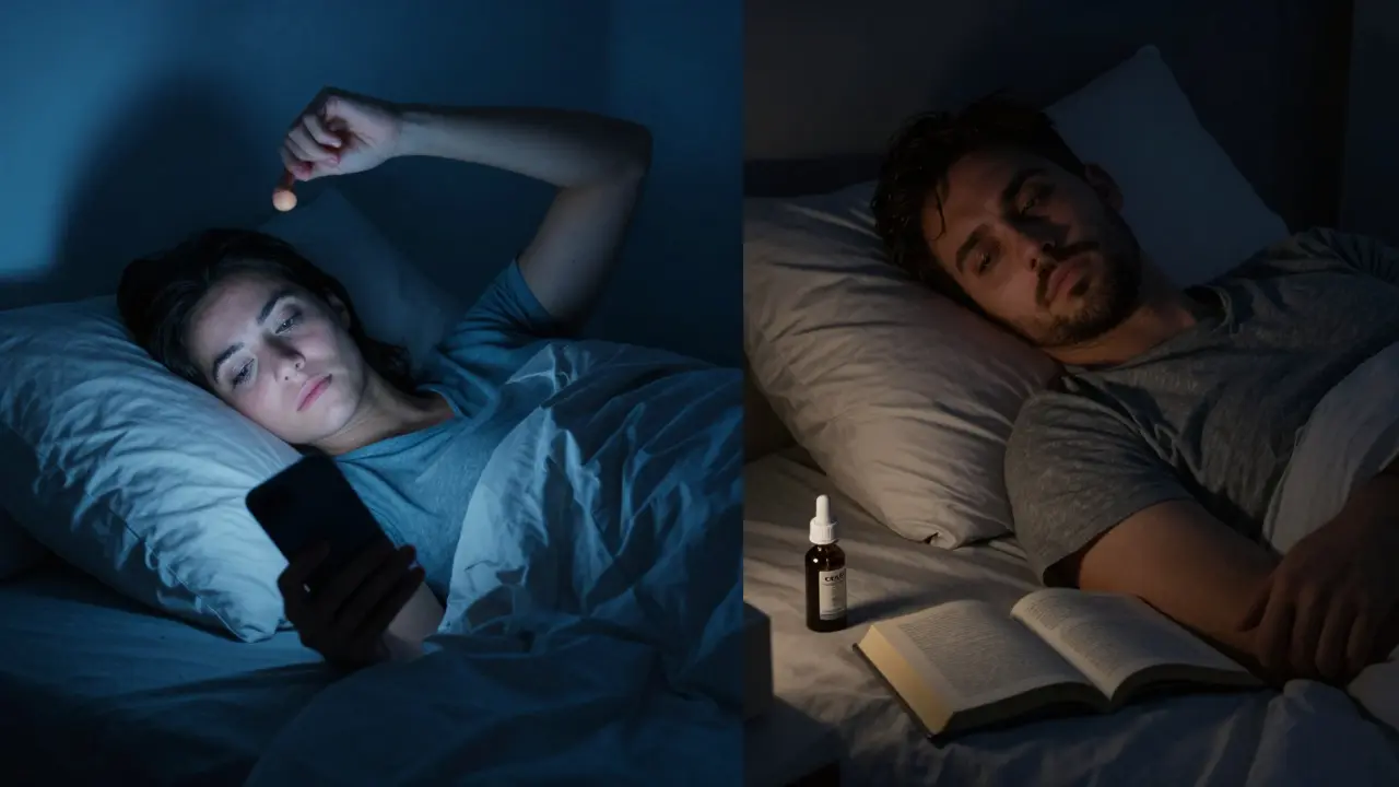 Dva lidé v posteli – jeden se bouří pod obrazovkou, druhý klidně dýchá s CBD láhvičkou.