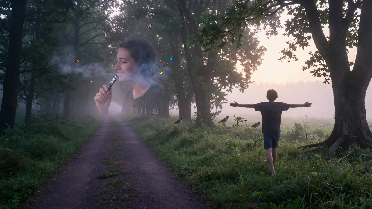Dvě cesty v mlze: jedna s vapeem a mizícími motýly, druhá s člověkem na slunci mezi stromy.