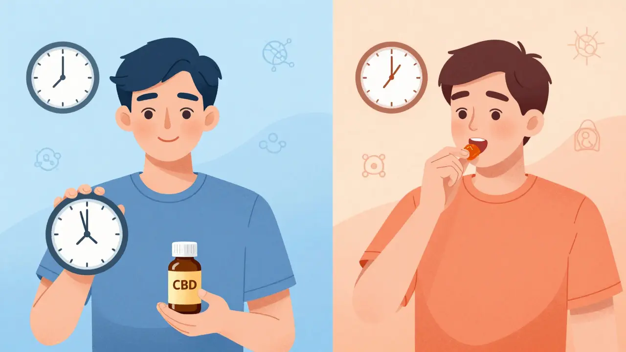 Dvě scény: jedna s rychlým vstřebáváním CBD oleje, druhá s pomalým účinkem gumiček.