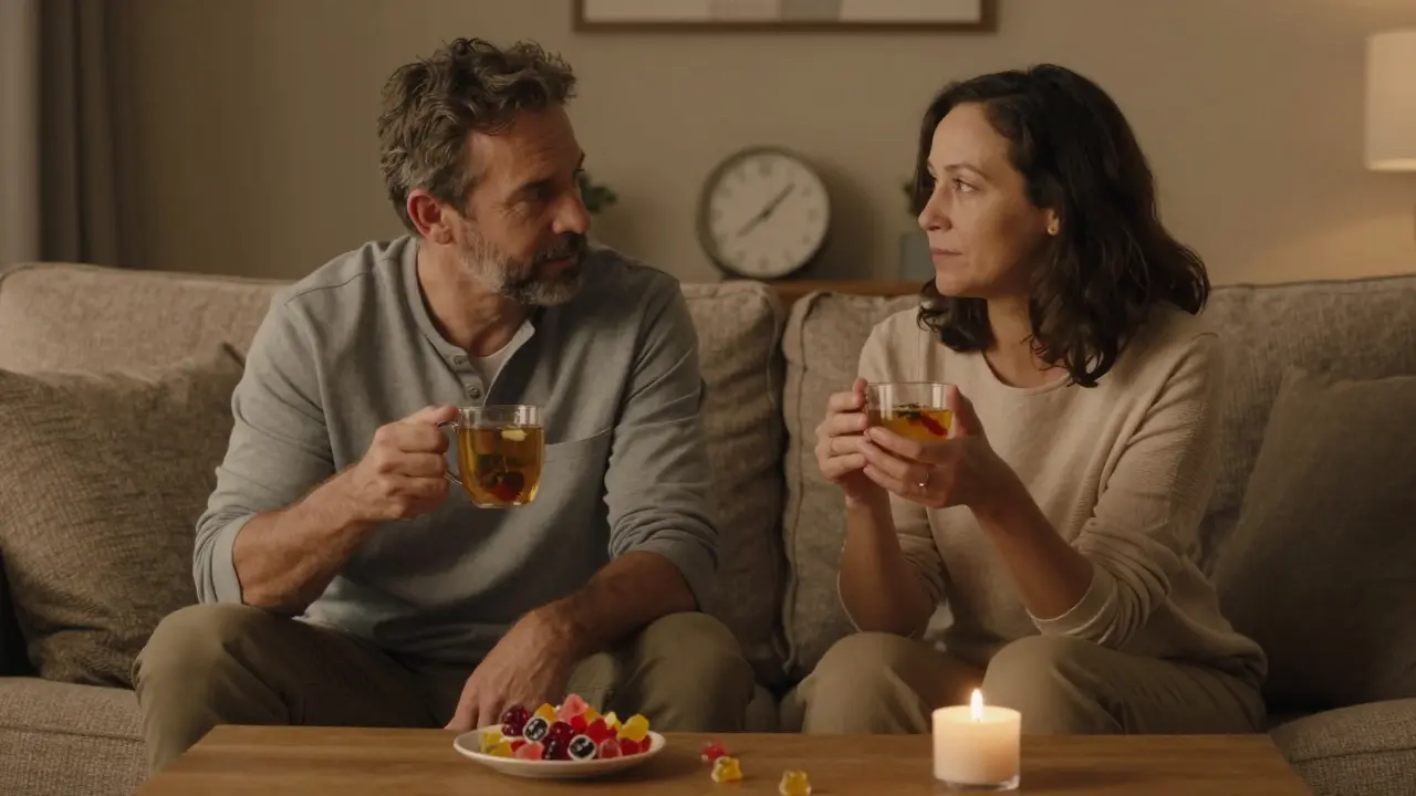 Dvojice klidně odpočívá večer s gumičkami Delta 8 a šálkem bylinného čaje.