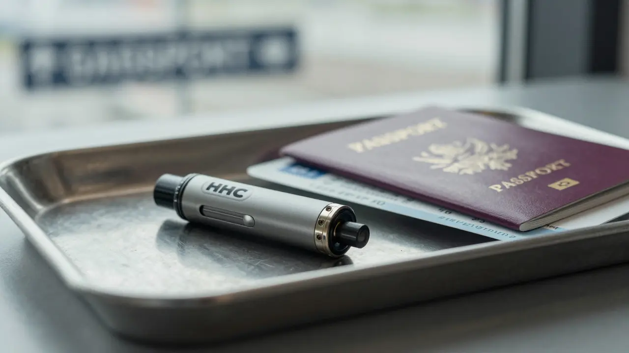 HHC vape na kovovém podnosu vedle cestovního dokladu.