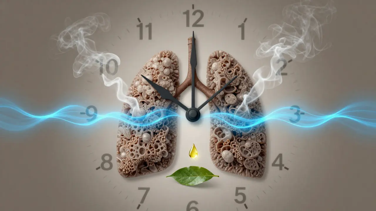 Hodiny s plicními váčky jako ručičkami, kde se hojení odehrává v čase a CBD přechází do bezpečnější formy.