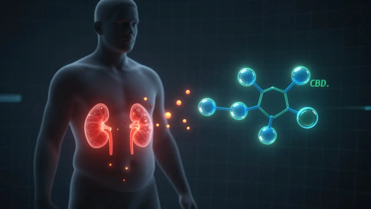 Human silhouette with THC metabolites escaping from fat cells toward kidneys, CBD molecules dissolving safely.