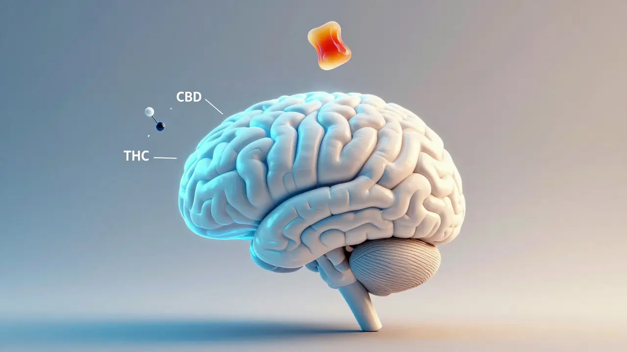 Koncepční obrázek mozku s CBD jako zdrojem klidu a vyrovnanosti.
