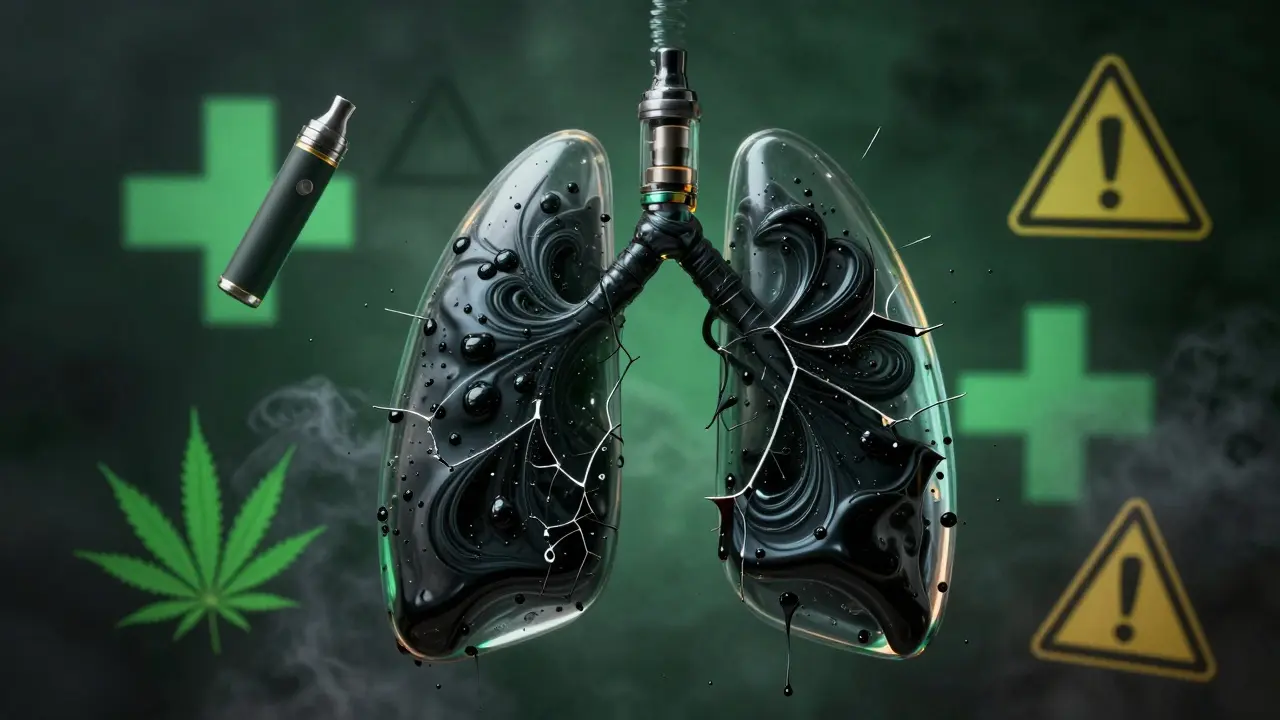 Křehké skleněné plicní struktury plné černého oleje a varovných symbolů.