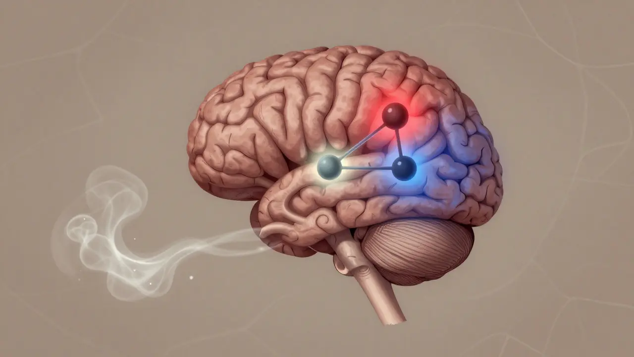 Kresba mozku s CBD molekulou uklidňující oblast strachu.