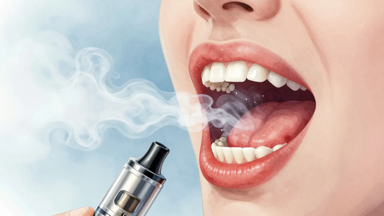 Křížový řez ústní dutiny ukazující účinky vapingu na slinivky a dásně.