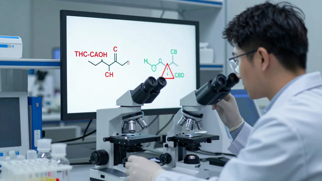 Lab technician examining urine sample while screen shows THC and CBD molecular structures with warning.