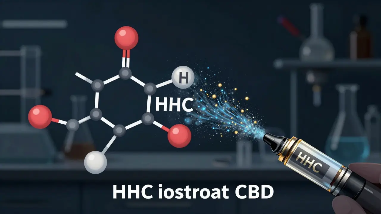 Molekulární přeměna CBD na HHC přes hydrogenaci s jemným světlem a laboratorním pozadím.