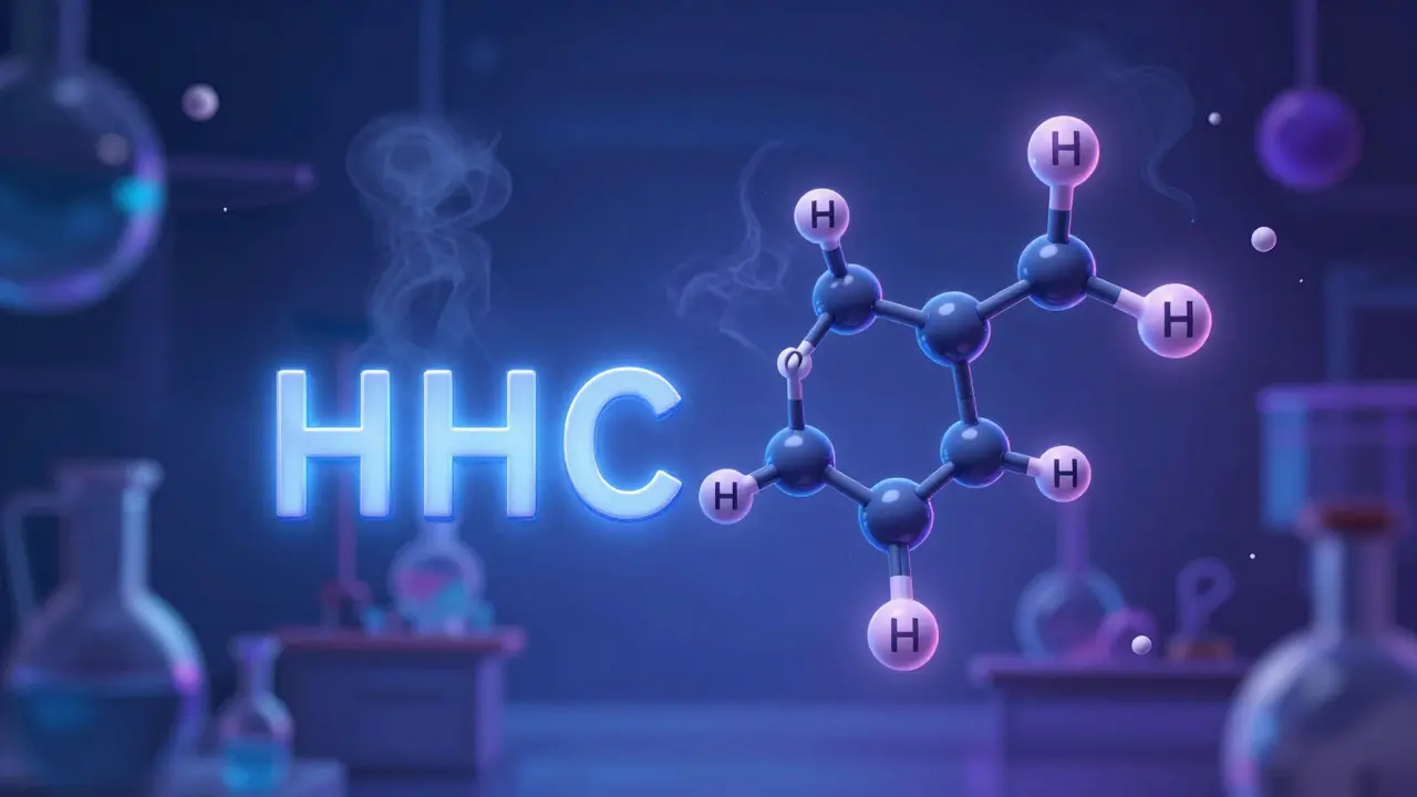 Molekulární struktura HHC vznikající z THC s přidanými vodíkovými atomy v laboratorním prostředí.