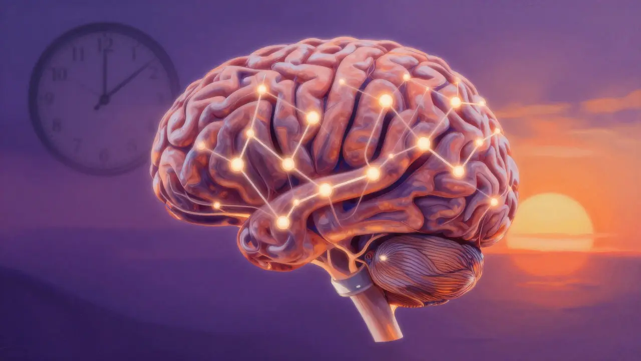 Mozek s obnovujícími se nervovými dráhami a světelnými receptory, symbolizující obnovu po THC.