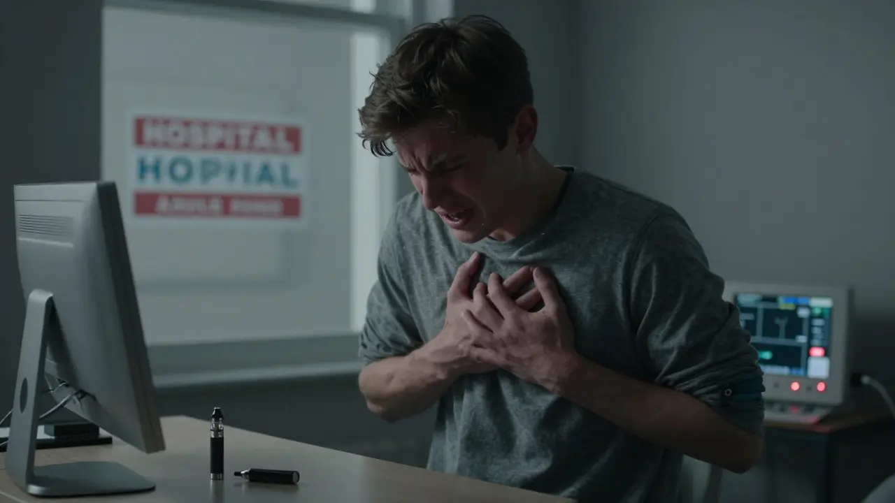 Muž s bolestí na hrudi a obtížným dýcháním po užívání THC vape.