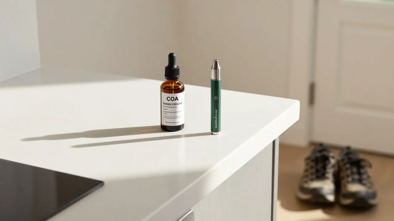 Na stole jsou CBD olej s certifikátem, čistý vape a obuv — symbol zdravého životního stylu.