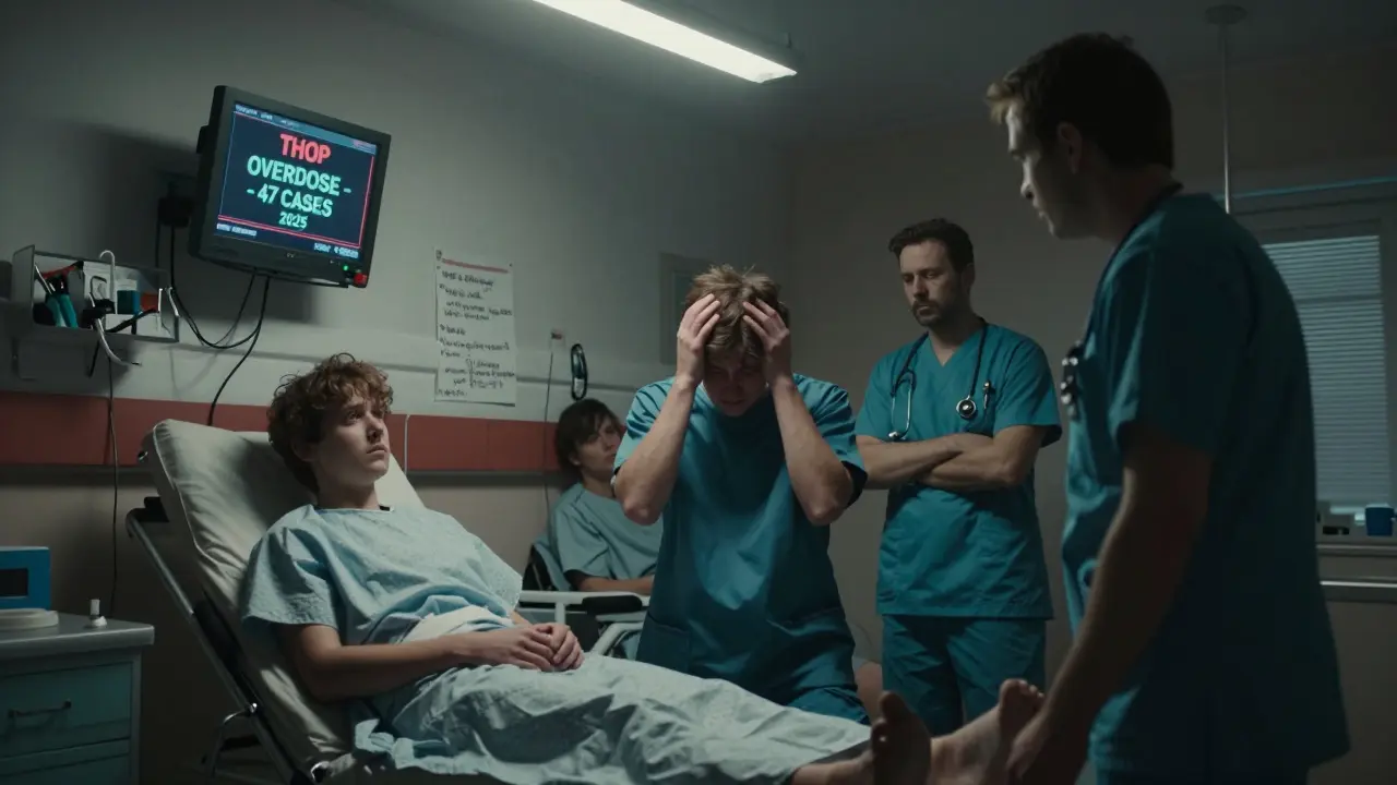 Nemocniční pohotovost v Brně, tři mladí pacienti jsou lékaři ošetřováni po předávkování THCP.