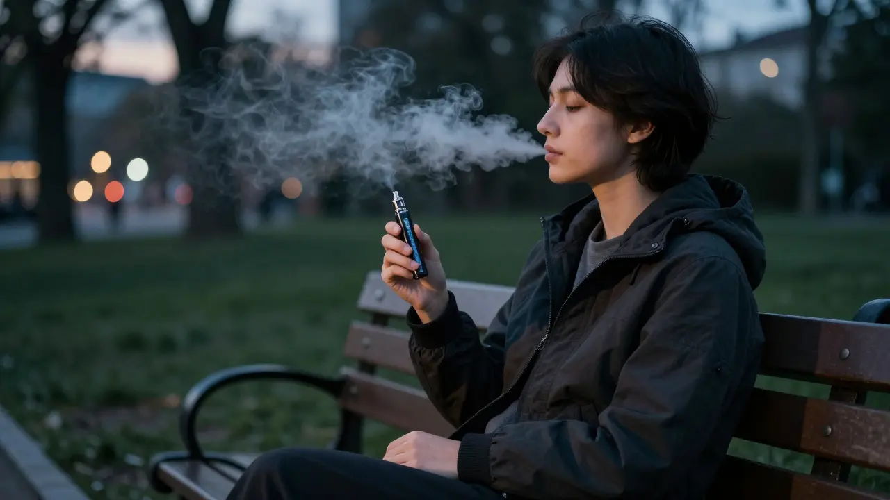 Osoba na lavičce v soumraku klidně kouří HHC vape, pára se rozptyluje v večerním světle.