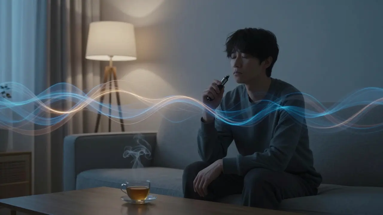 Osoba sedí v klidné místnosti, kolem ní se rozptylují jemné světelné vlny.