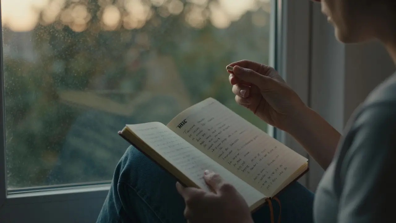 Osoba si zaznamenává účinky HHC do deníku při večerním světle