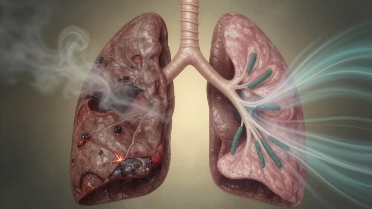 Plicní tkáň v průběhu hojení: poškozená na levé straně, obnovující se na pravé