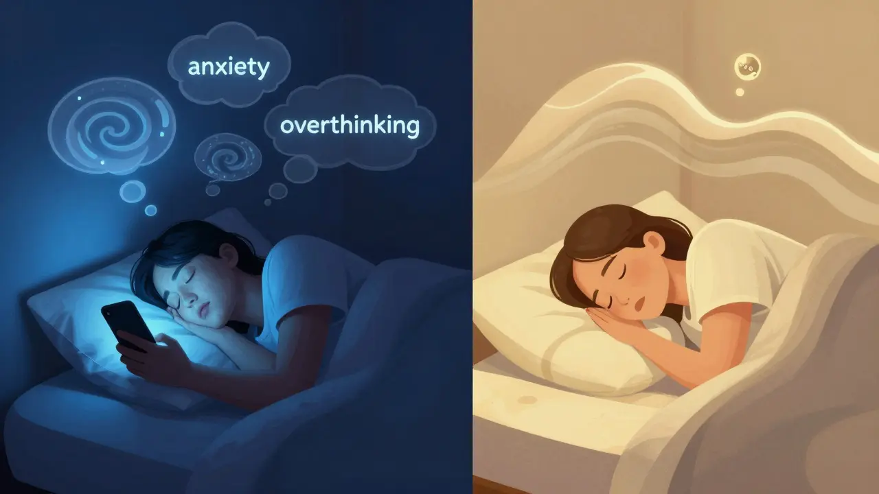 Porovnání neklidného a klidného spánku s abstraktními myšlenkami a vlnami klidu.