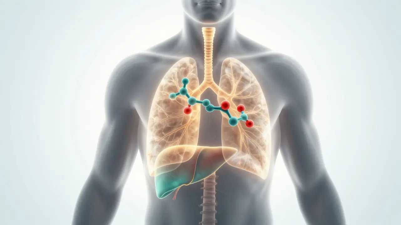 Průhledný náčrt lidského těla s molekulami CBD cestujícími do plic a játra.