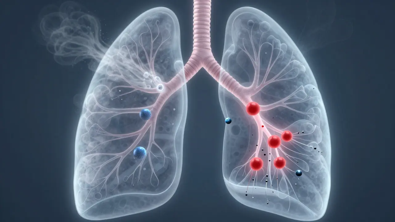 Průřez plic ukazující vdechované částice a potenciální škodlivé látky.