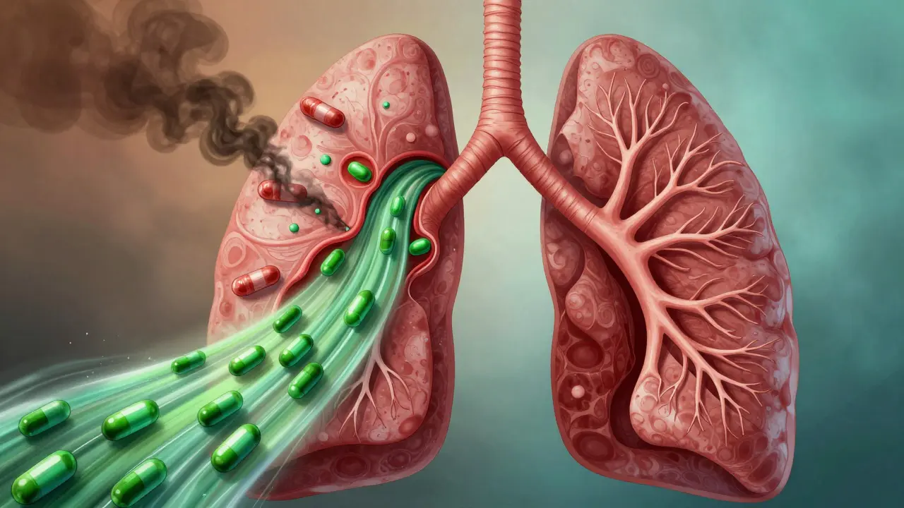 Regenerace plicních buněk: poškozené cíliá se mění na zdravé, doprovázené antioxidanty.