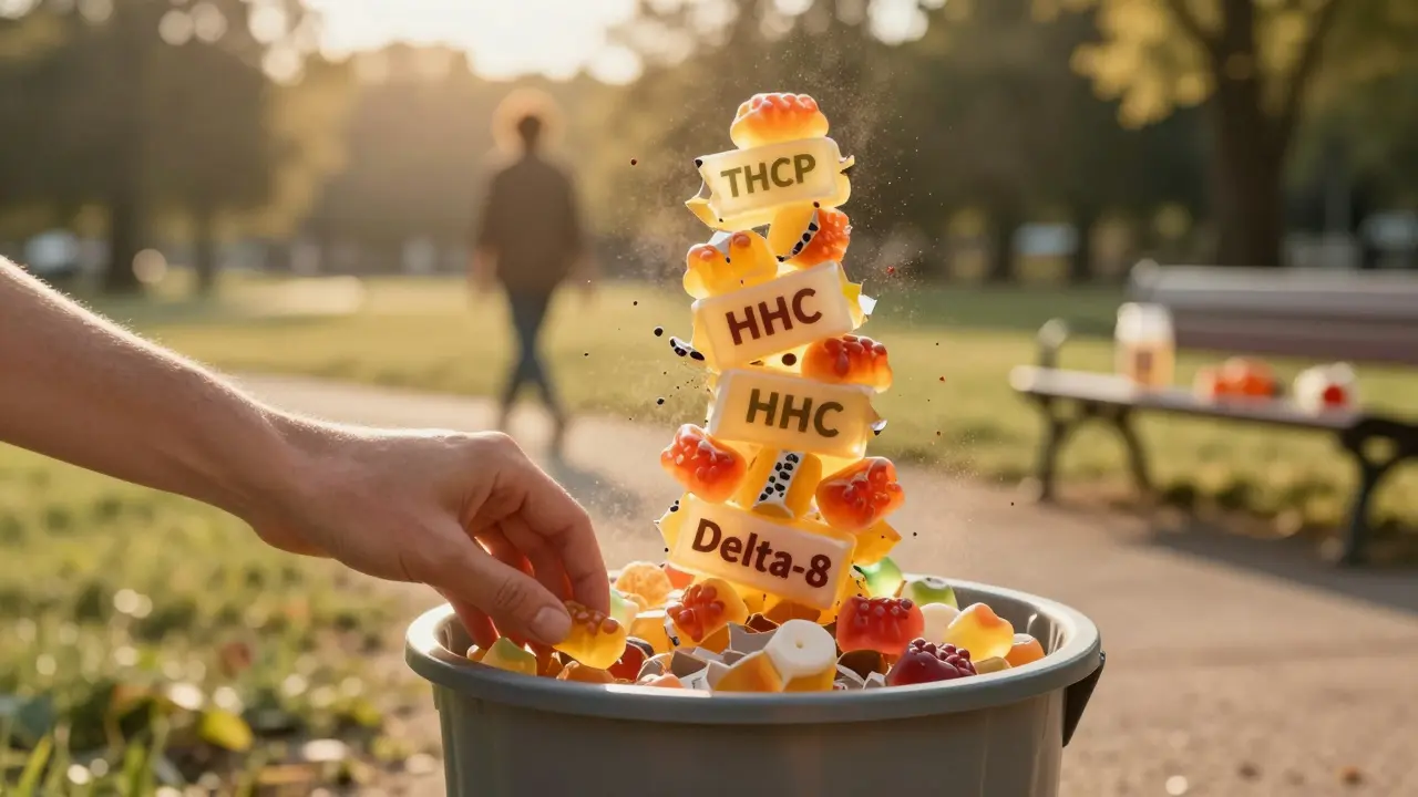 Ruce házejí THCP gumičky do koše, zatímco za nimi kolabuje věž syntetických kanabinoidů.