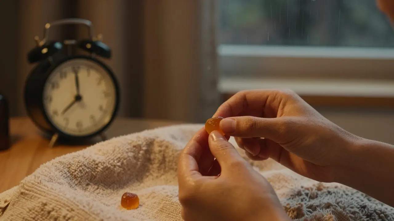 Ruce přijímají CBD gumičku před spaním v klidné, zatemněné místnosti.