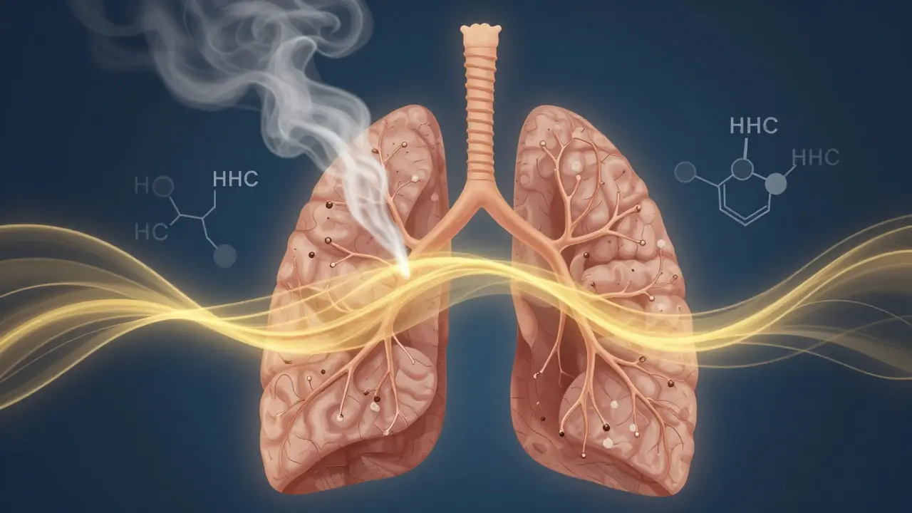 Stylizovaný vývoj HHC v těle jako zlatých vln od plic k mozku.