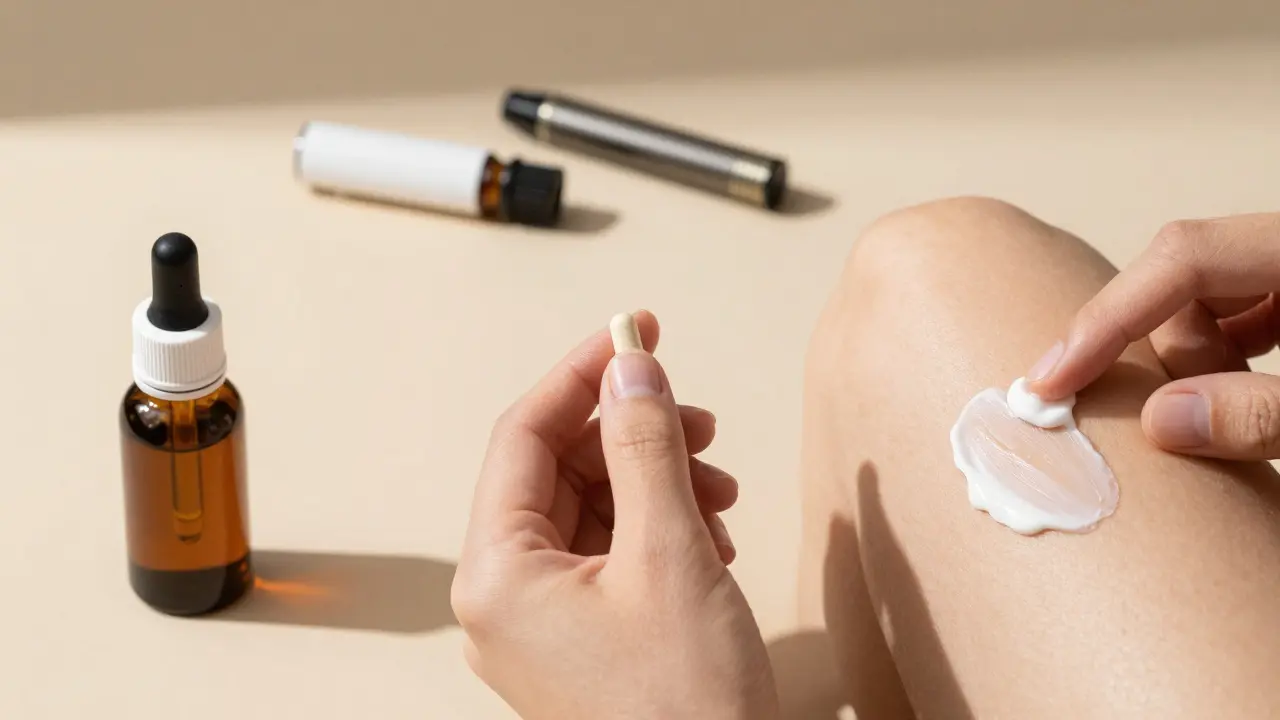 Tři bezpečnější způsoby užívání CBD: kapky, kapsle a krém.