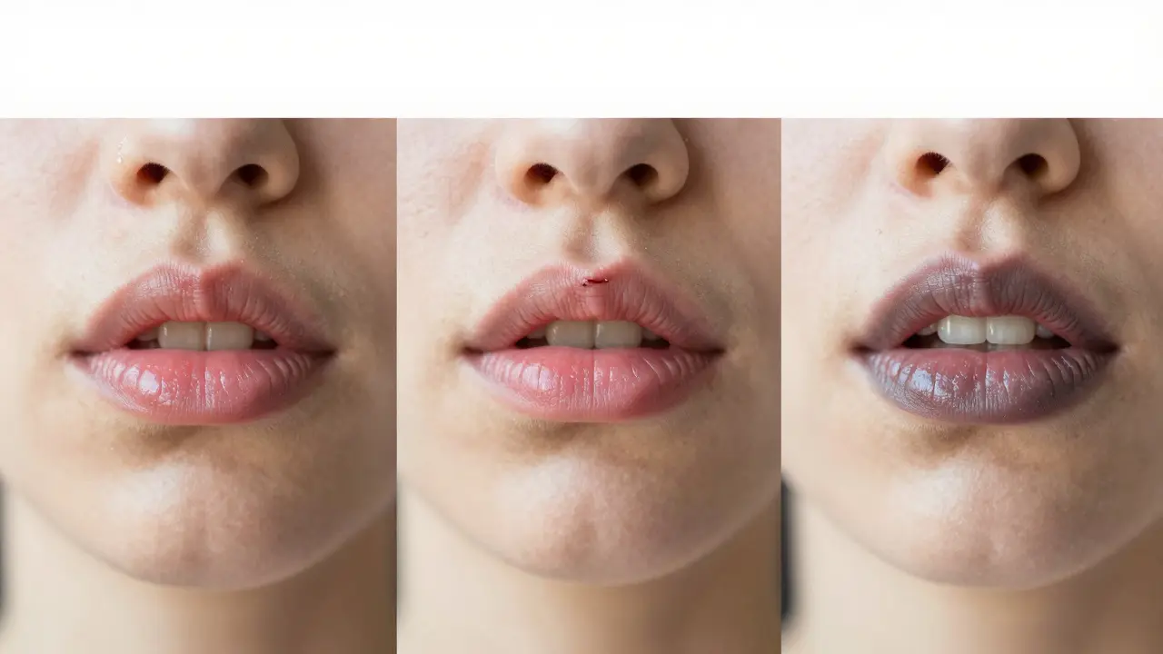Tři páry rtů s různými stavy ústního zdraví: zdravé, suché a zbarvené dásně.