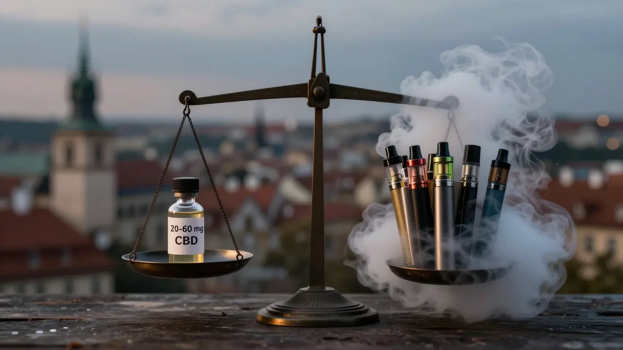 Váha s mírnou dávkou CBD na jedné straně a přebytečnými vape peny na druhé.