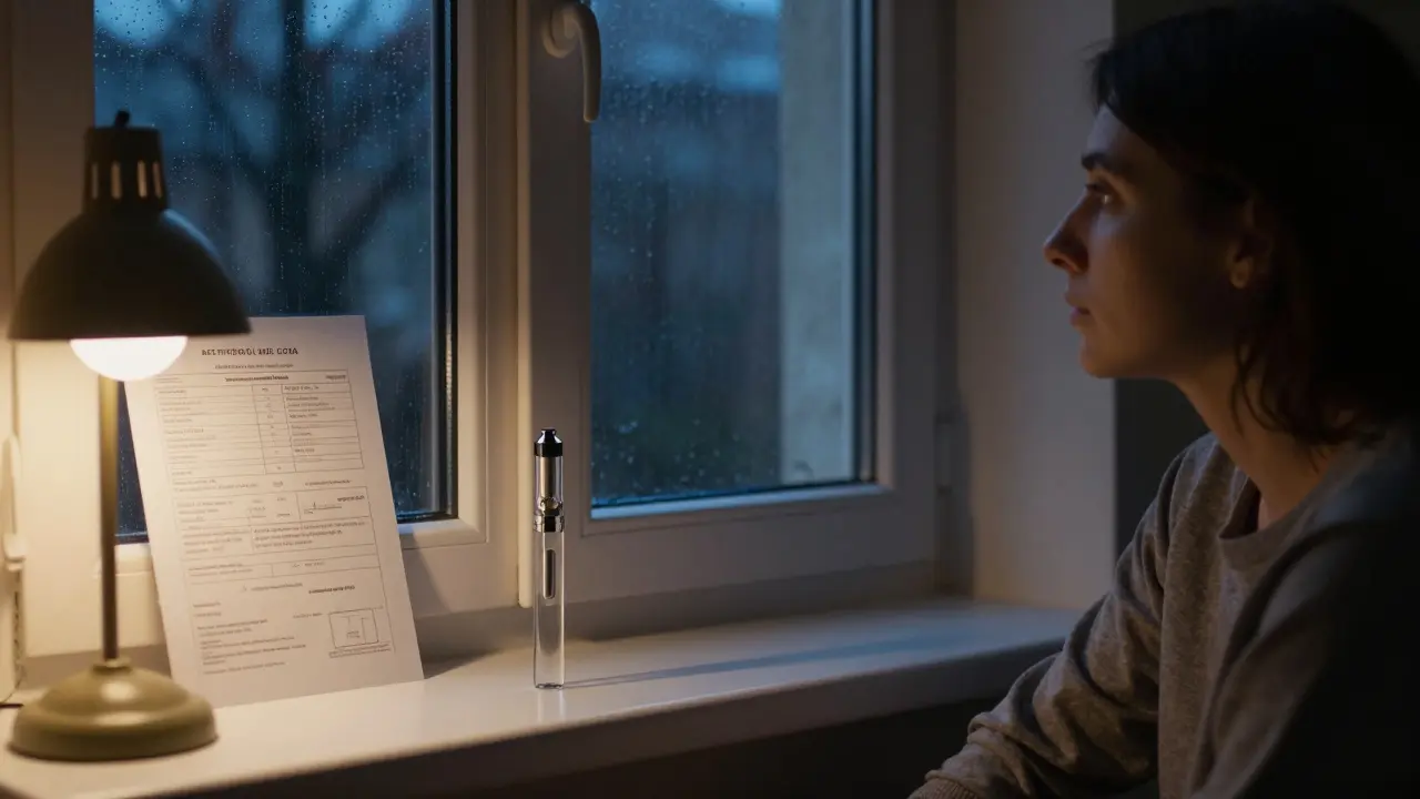 Vape pen a certifikát analýzy COA na okenním parapetu v českém bytě při dešti večer.