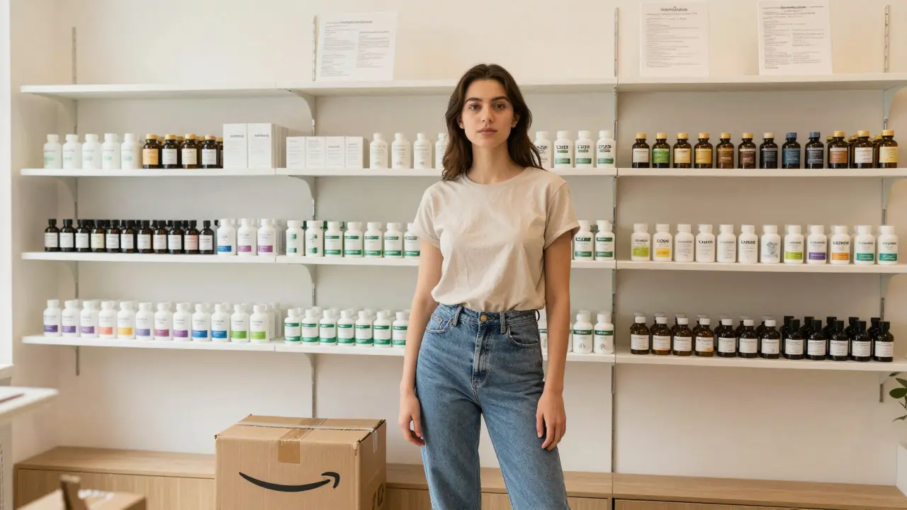 Český zákazník v specializovaném obchodě s CBD produkty, za ním opuštěná balíková krabice Amazonu.