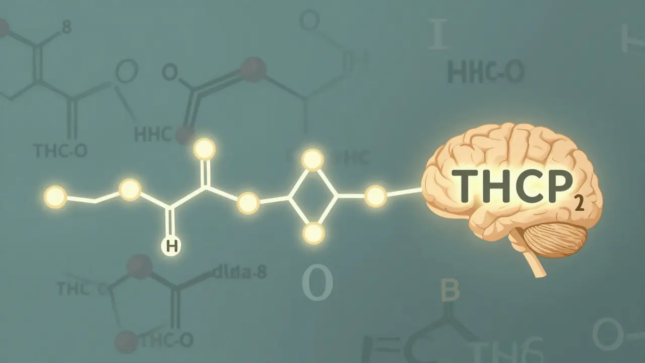 Chemický řetězec THCP připojený k receptoru v mozku, ostatní kanabinoidy v pozadí.