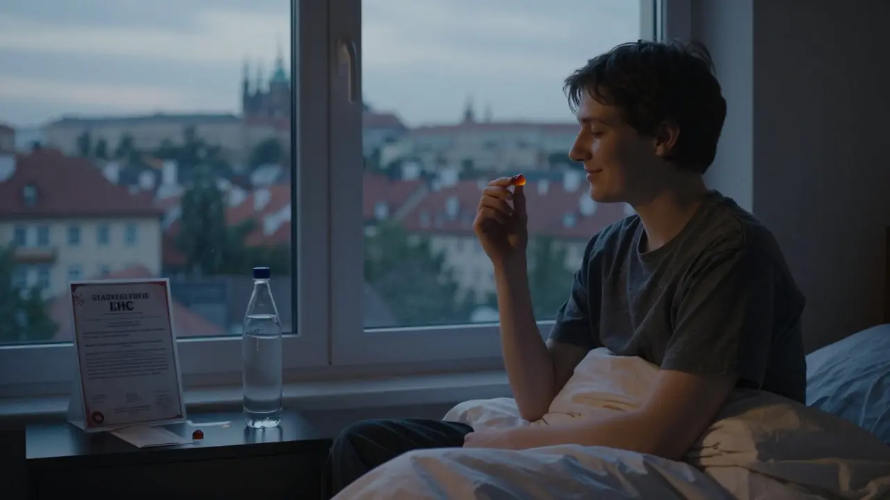 Člověk sedí na posteli ve večerním světle, drží HHC gumičku, za oknem je městský výhled.