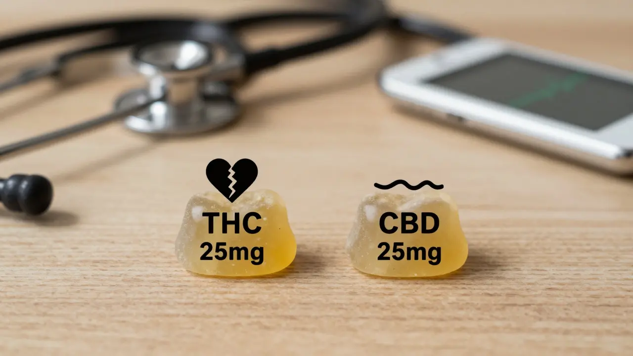 Dvě bonbóny THC a CBD vedle sebe, jedna s ikonou poškozeného srdce, druhá s klidnou vlnou, stethoskop na pozadí.