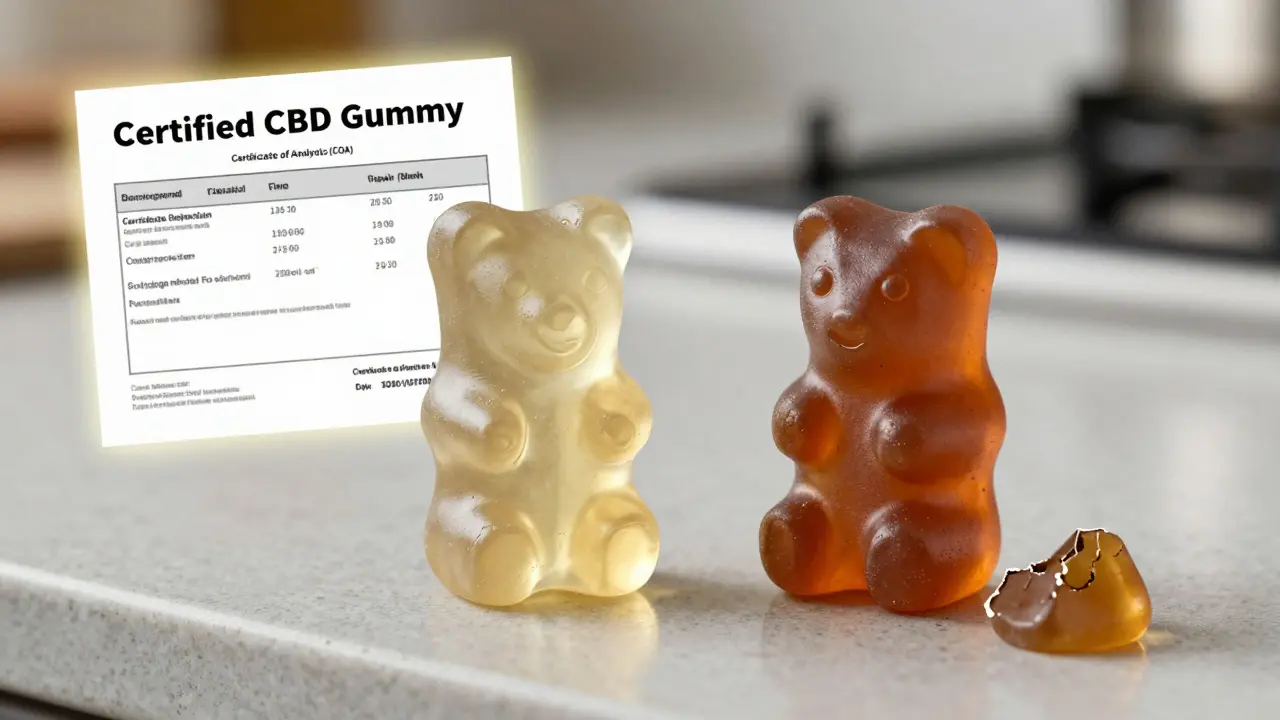 Dvě gumičky: jedna s certifikátem o analýze a jasným označením CBD, druhá bez etikety, rozpadající se na stole.