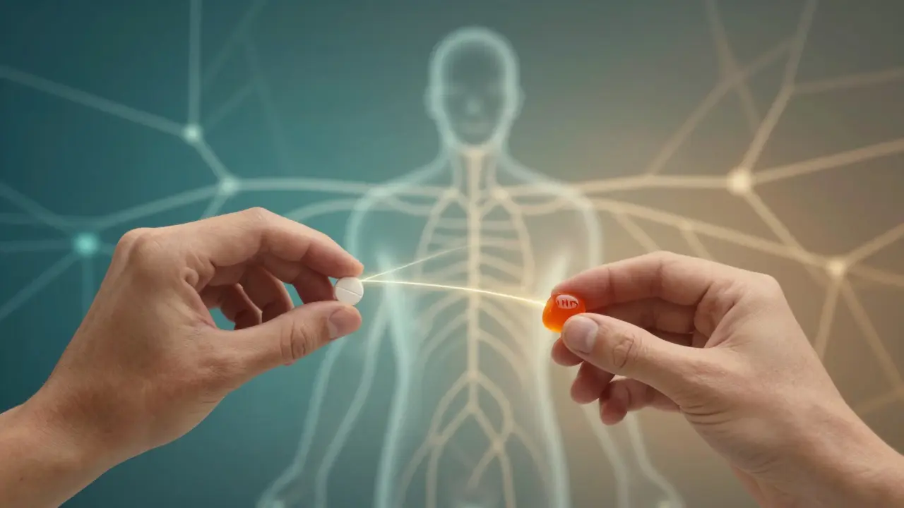 Dvě ruce drží lék a HHC gumičku, spojené s abstraktními nervovými cestami v pastelových tónech.